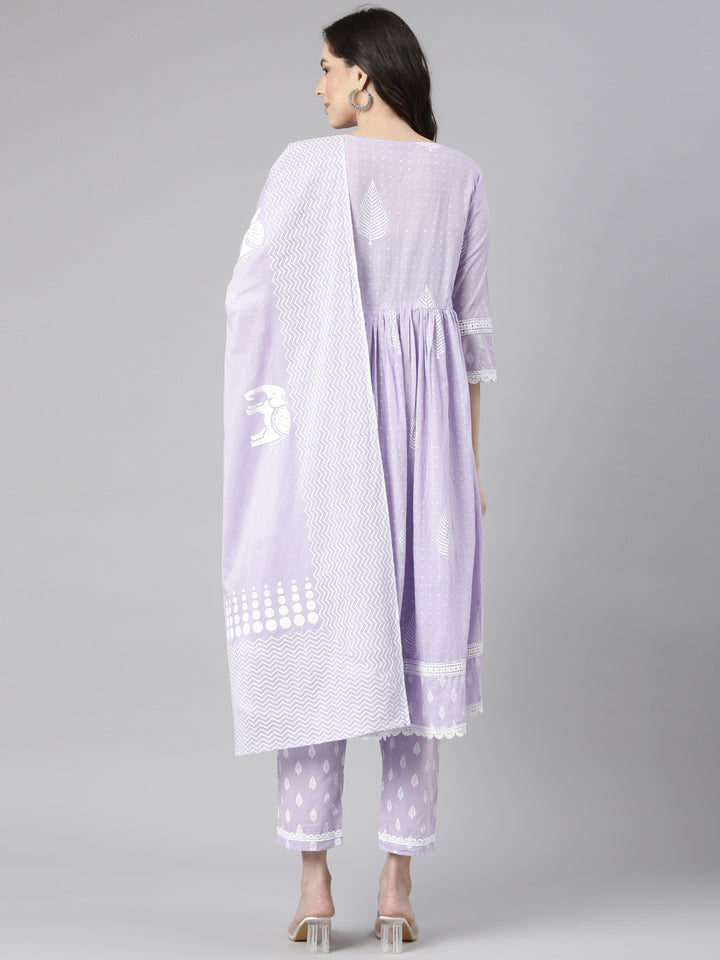 Neerus Lavender Printed Anarkali Kurta and Trousers With Dupatta and with bag