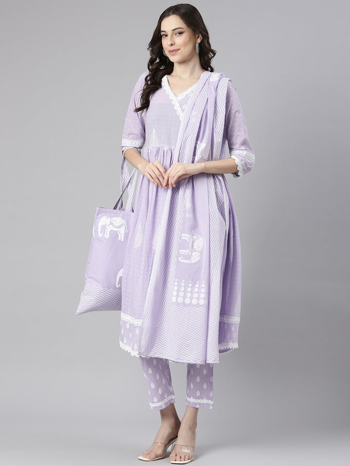 Neerus Lavender Printed Anarkali Kurta and Trousers With Dupatta and with bag