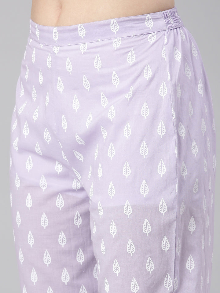 Neerus Lavender Printed Anarkali Kurta and Trousers With Dupatta and with bag