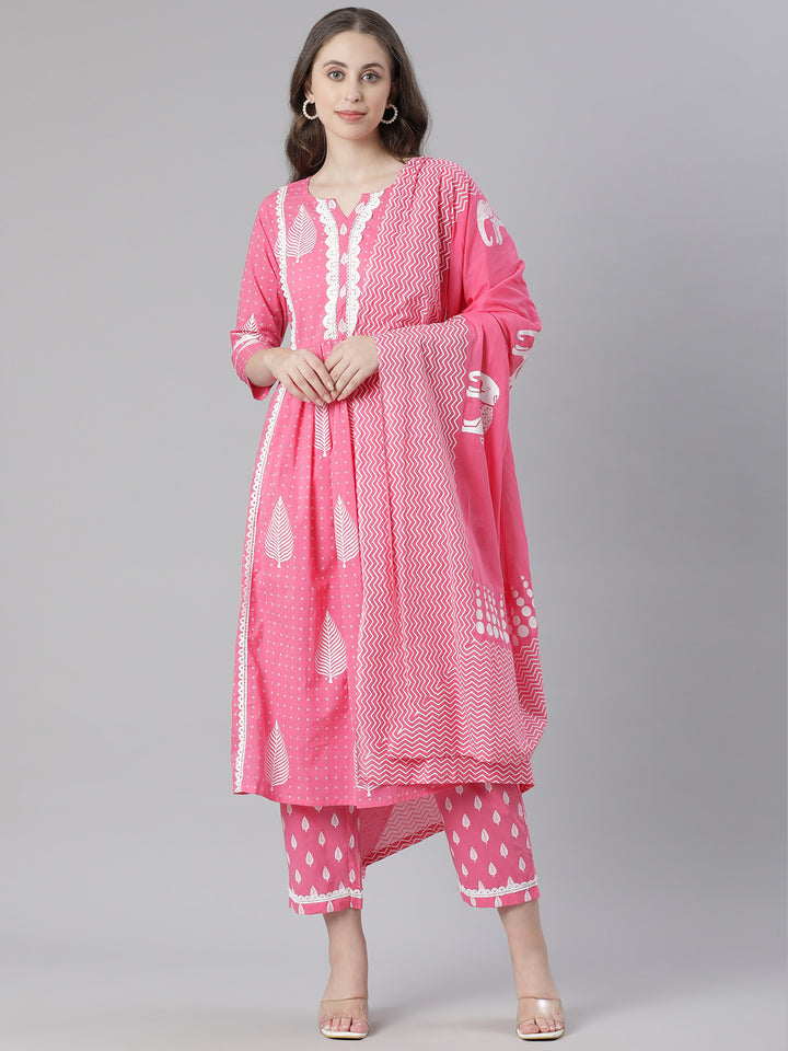 Neerus Pink Printed Straight Kurta and Trousers With Dupatta