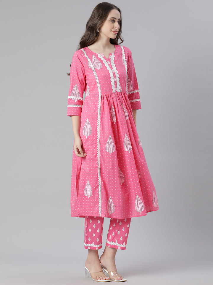 Neerus Pink Printed Straight Kurta and Trousers With Dupatta