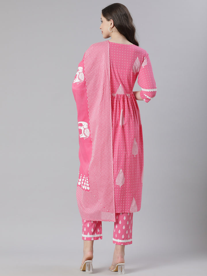 Neerus Pink Printed Straight Kurta and Trousers With Dupatta