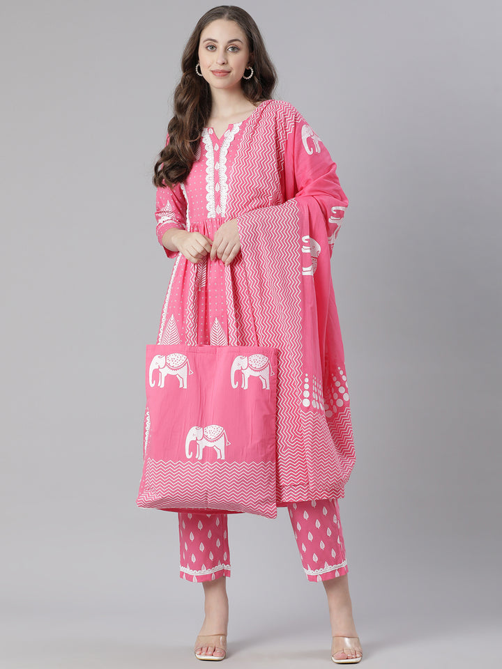 Neerus Pink Printed Straight Kurta and Trousers With Dupatta