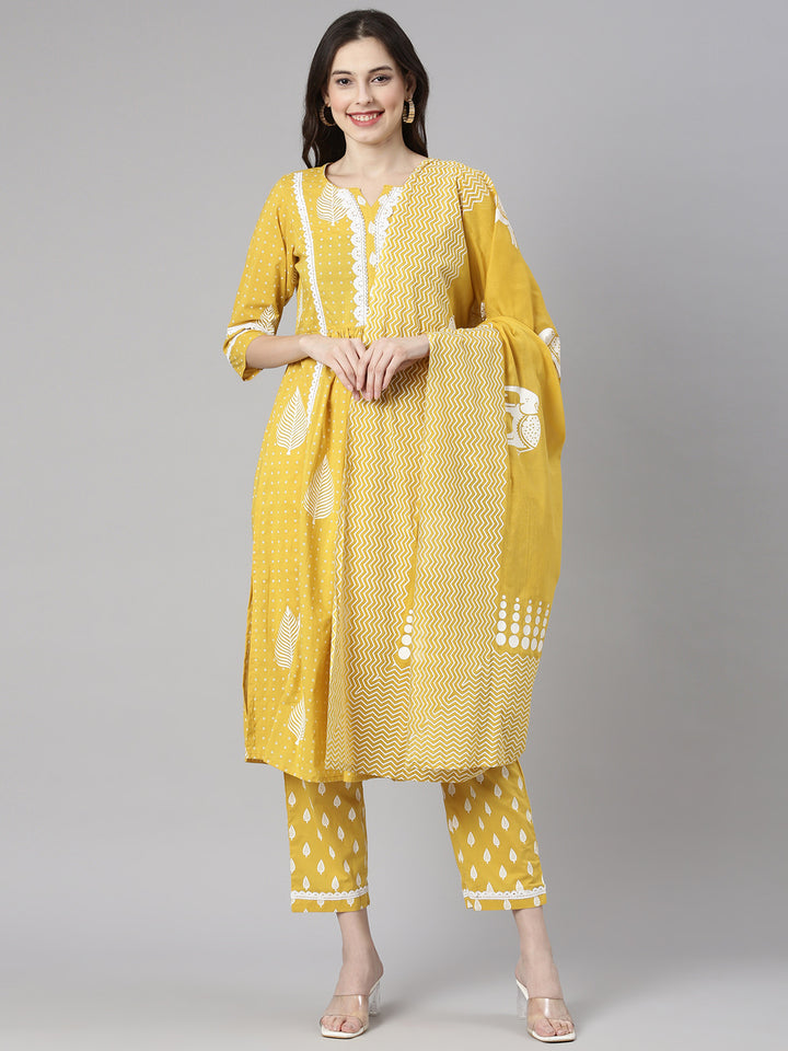 Neerus Yellow Printed Straight Kurta and Trousers With Dupatta and with bag