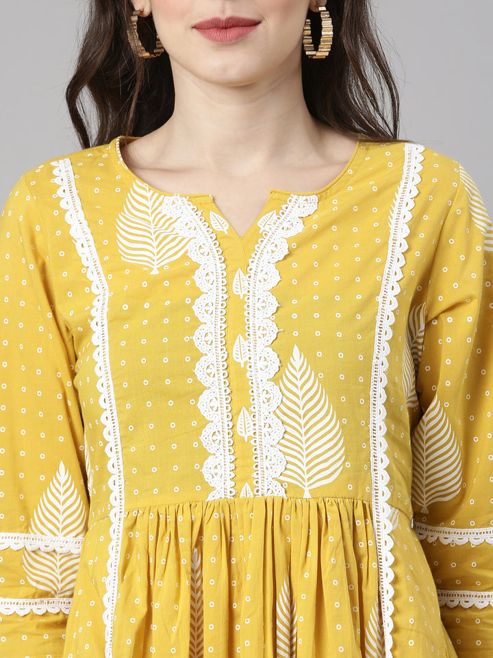 Neerus Yellow Printed Straight Kurta and Trousers With Dupatta and with bag