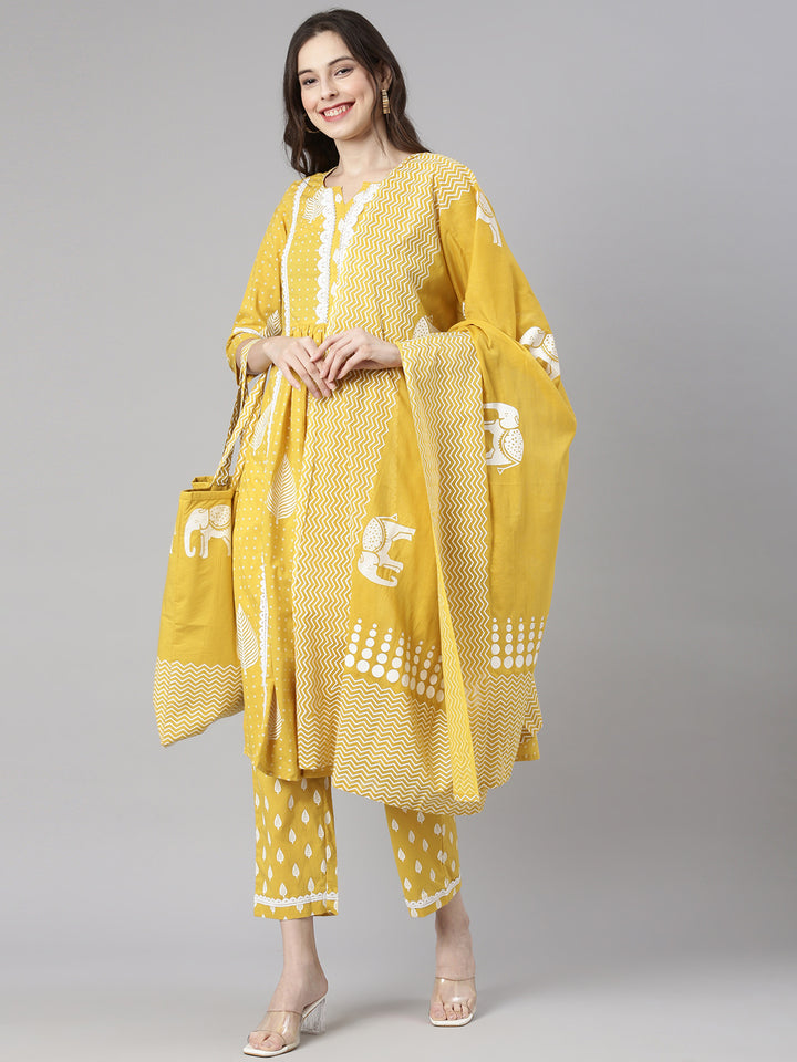 Neerus Yellow Printed Straight Kurta and Trousers With Dupatta and with bag