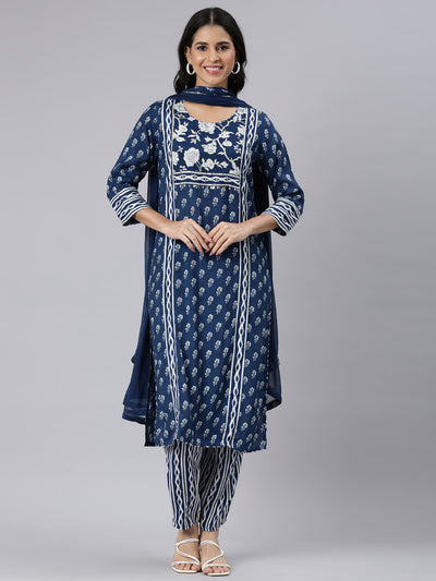 Neerus Blue Regular Straight Printed Kurta and Trousers With Dupatta