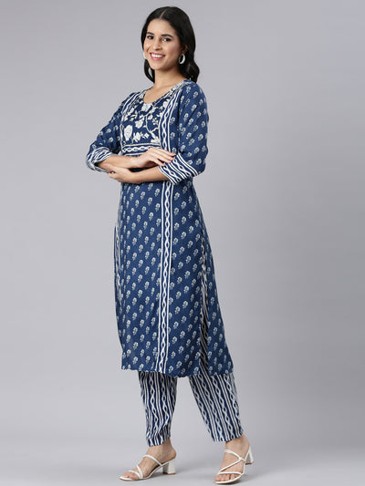Neerus Blue Regular Straight Printed Kurta and Trousers With Dupatta