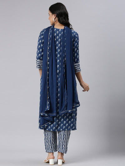 Neerus Blue Regular Straight Printed Kurta and Trousers With Dupatta
