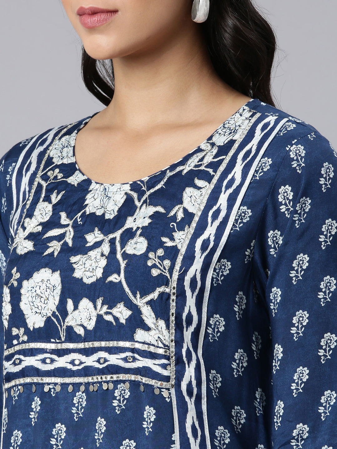 Neerus Blue Regular Straight Printed Kurta and Trousers With Dupatta