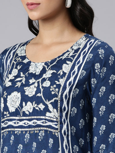 Neerus Blue Regular Straight Printed Kurta and Trousers With Dupatta