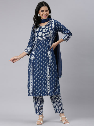 Neerus Blue Regular Straight Printed Kurta and Trousers With Dupatta