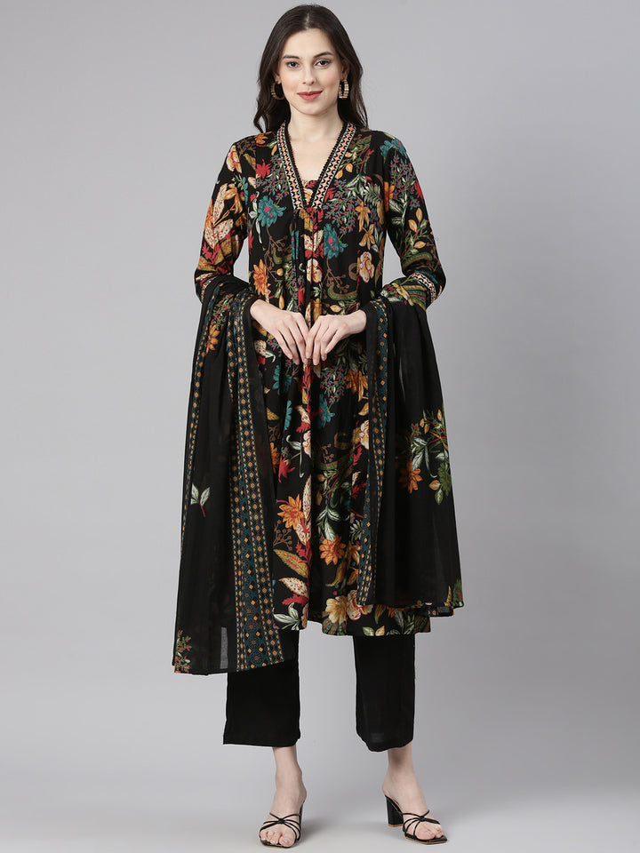 Neerus Black Printed Anarkali Kurta and Trousers With Dupatta