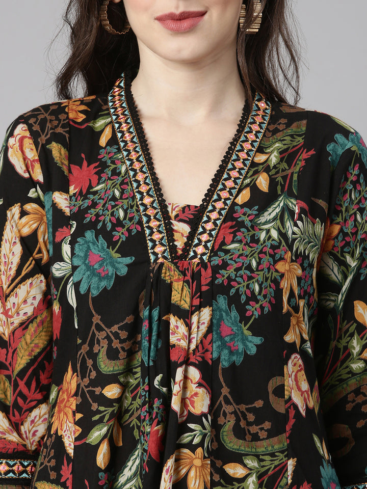 Neerus Black Printed Anarkali Kurta and Trousers With Dupatta