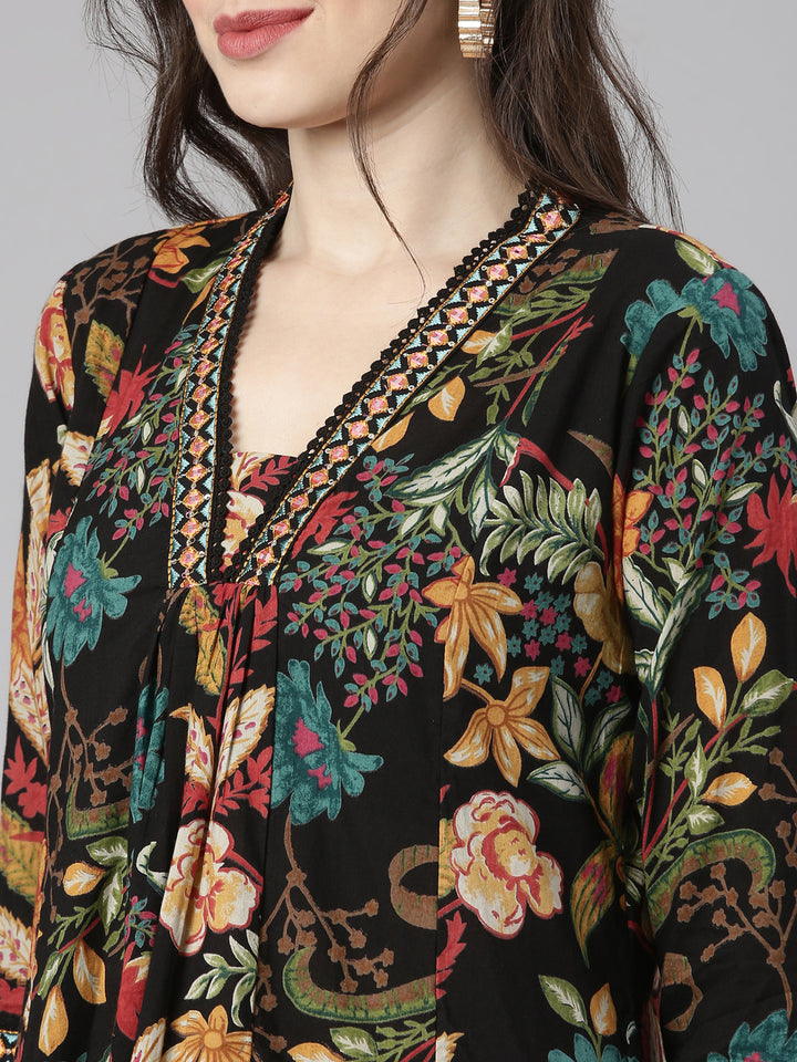 Neerus Black Printed Anarkali Kurta and Trousers With Dupatta