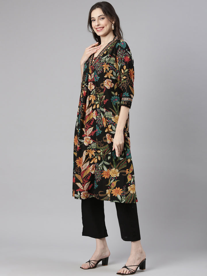 Neerus Black Printed Anarkali Kurta and Trousers With Dupatta