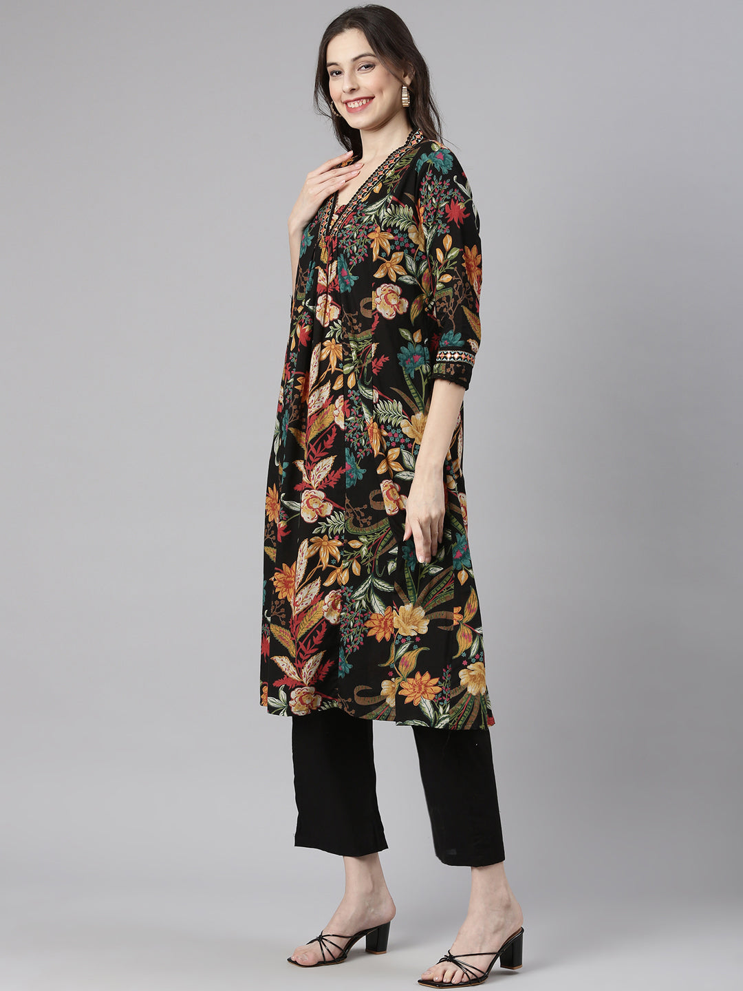 Neerus Black Printed Anarkali Kurta and Trousers With Dupatta
