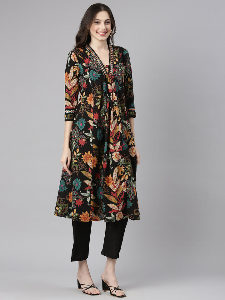 Neerus Black Printed Anarkali Kurta and Trousers With Dupatta