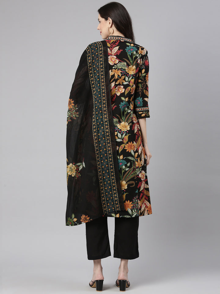 Neerus Black Printed Anarkali Kurta and Trousers With Dupatta