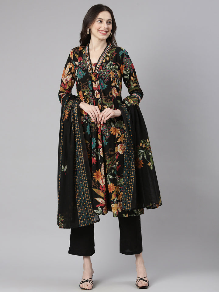 Neerus Black Printed Anarkali Kurta and Trousers With Dupatta