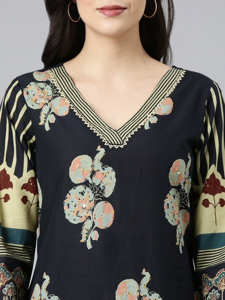 Neerus Black Printed Straight Kurta and Trousers With Dupatta