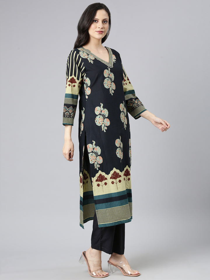 Neerus Black Printed Straight Kurta and Trousers With Dupatta
