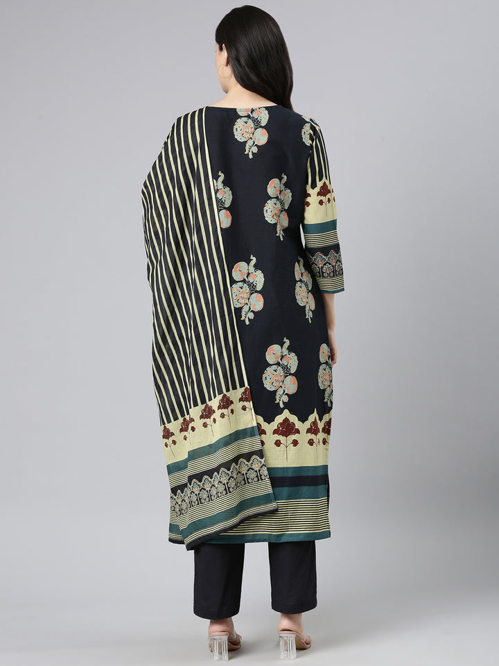 Neerus Black Printed Straight Kurta and Trousers With Dupatta