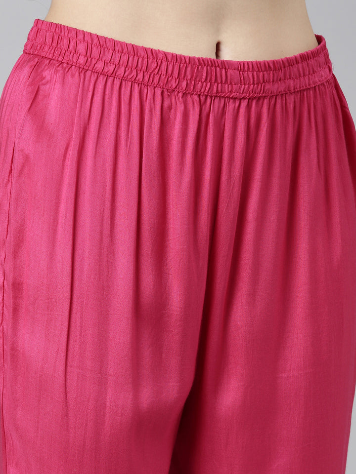 Neerus Pink Pleated Straight Floral Kurta Sets And Trousers