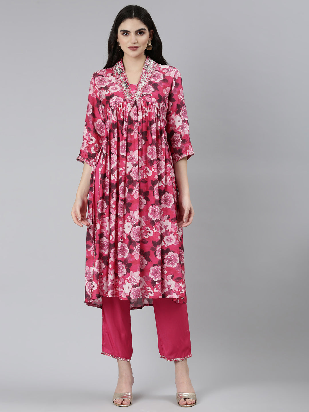 Neeru's Pink Pleated Straight Floral Kurta Sets And Trousers