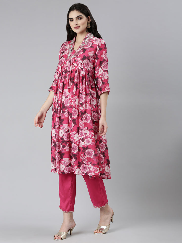 Neerus Pink Pleated Straight Floral Kurta Sets And Trousers