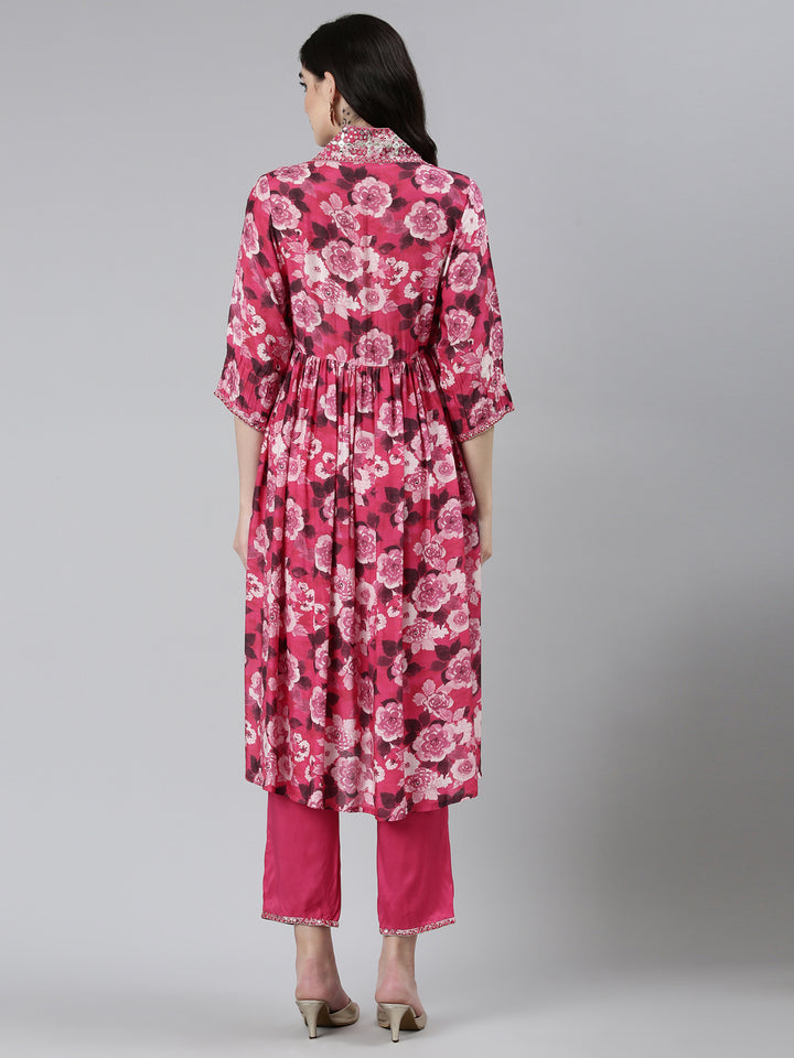 Neerus Pink Pleated Straight Floral Kurta Sets And Trousers