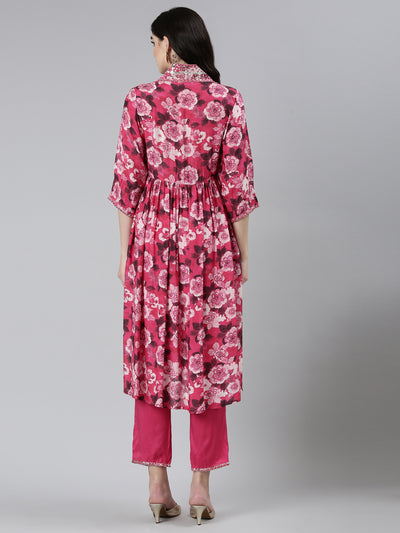 Neeru's Pink Pleated Straight Floral Kurta Sets And Trousers