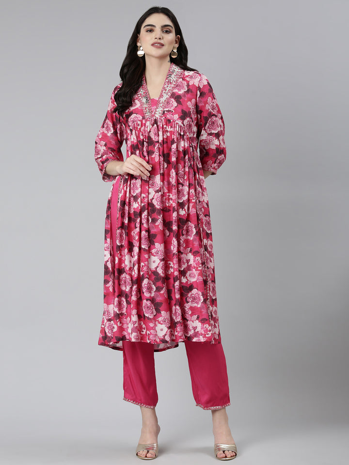 Neerus Pink Pleated Straight Floral Kurta Sets And Trousers