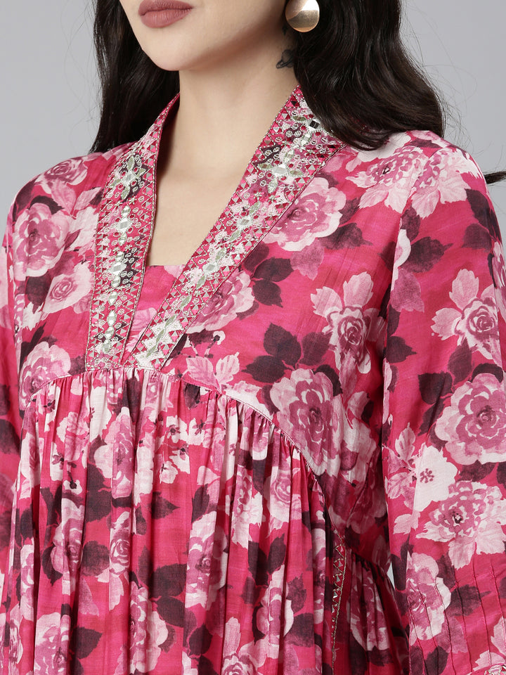 Neerus Pink Pleated Straight Floral Kurta Sets And Trousers