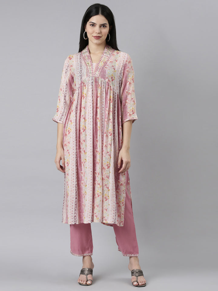 Neerus Pink printed floral kurta set with trousers - front view