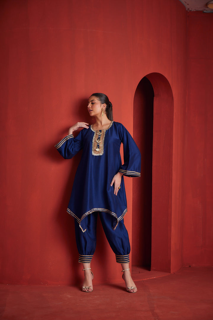 Neerus Blue Chanderi Woven Kurta Set - back view