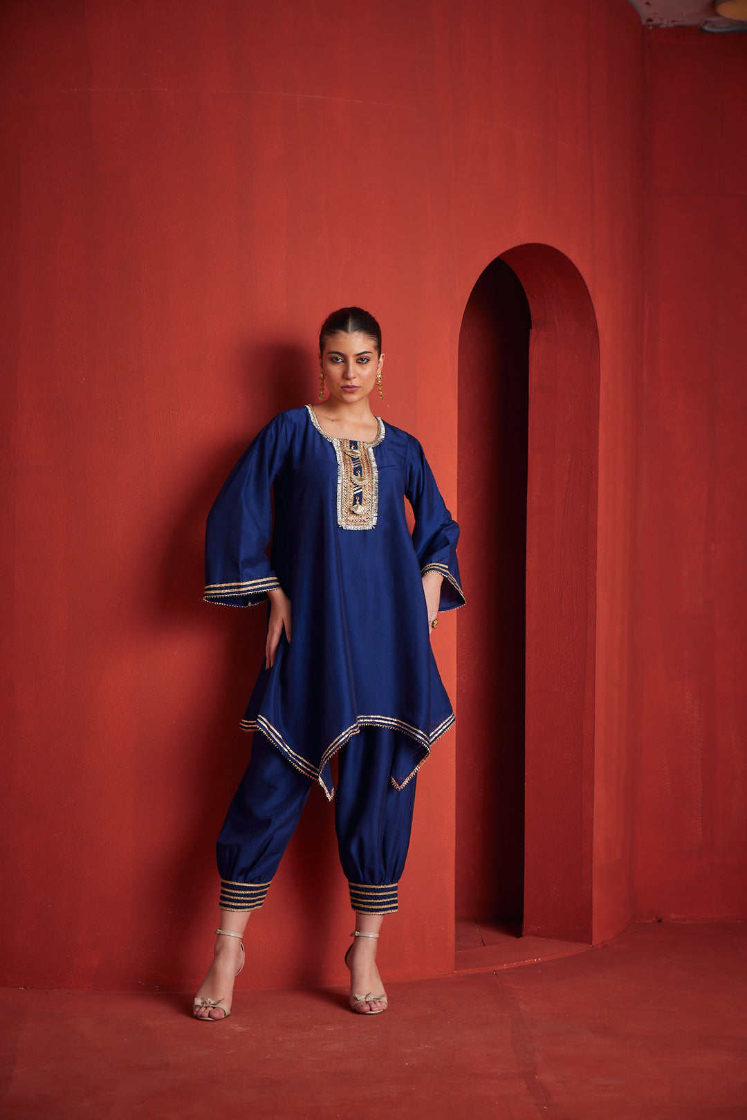 Neerus Blue Chanderi Woven Kurta Set - front view