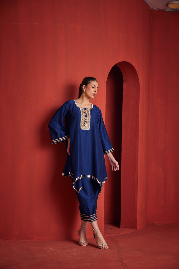 Neerus Blue Chanderi Woven Kurta Set - side view