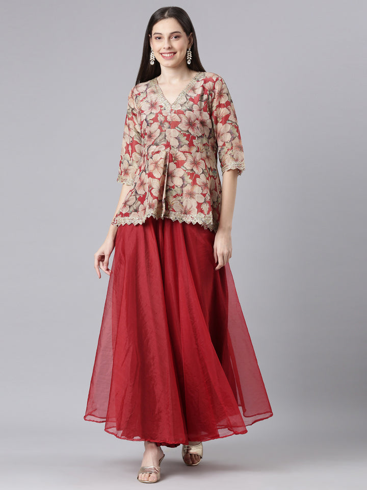 Neerus Maroon Printed Straight Top and Skirt