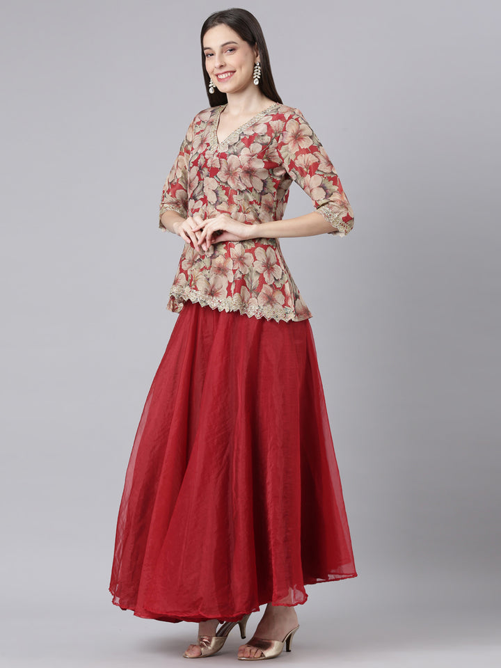 Neerus Maroon Printed Straight Top and Skirt