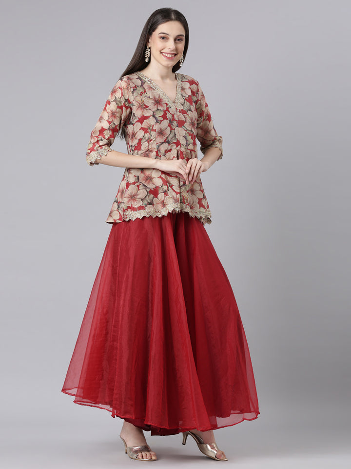 Neerus Maroon Printed Straight Top and Skirt