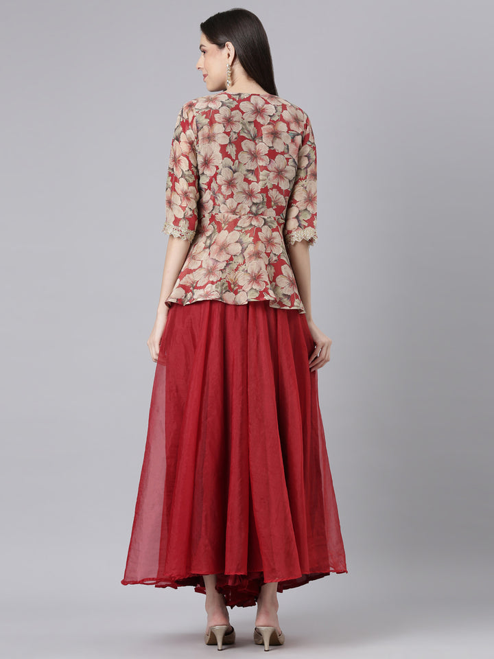 Neerus Maroon Printed Straight Top and Skirt
