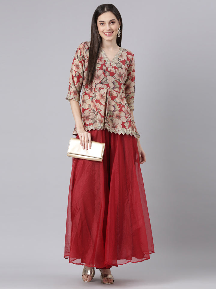 Neerus Maroon Printed Straight Top and Skirt