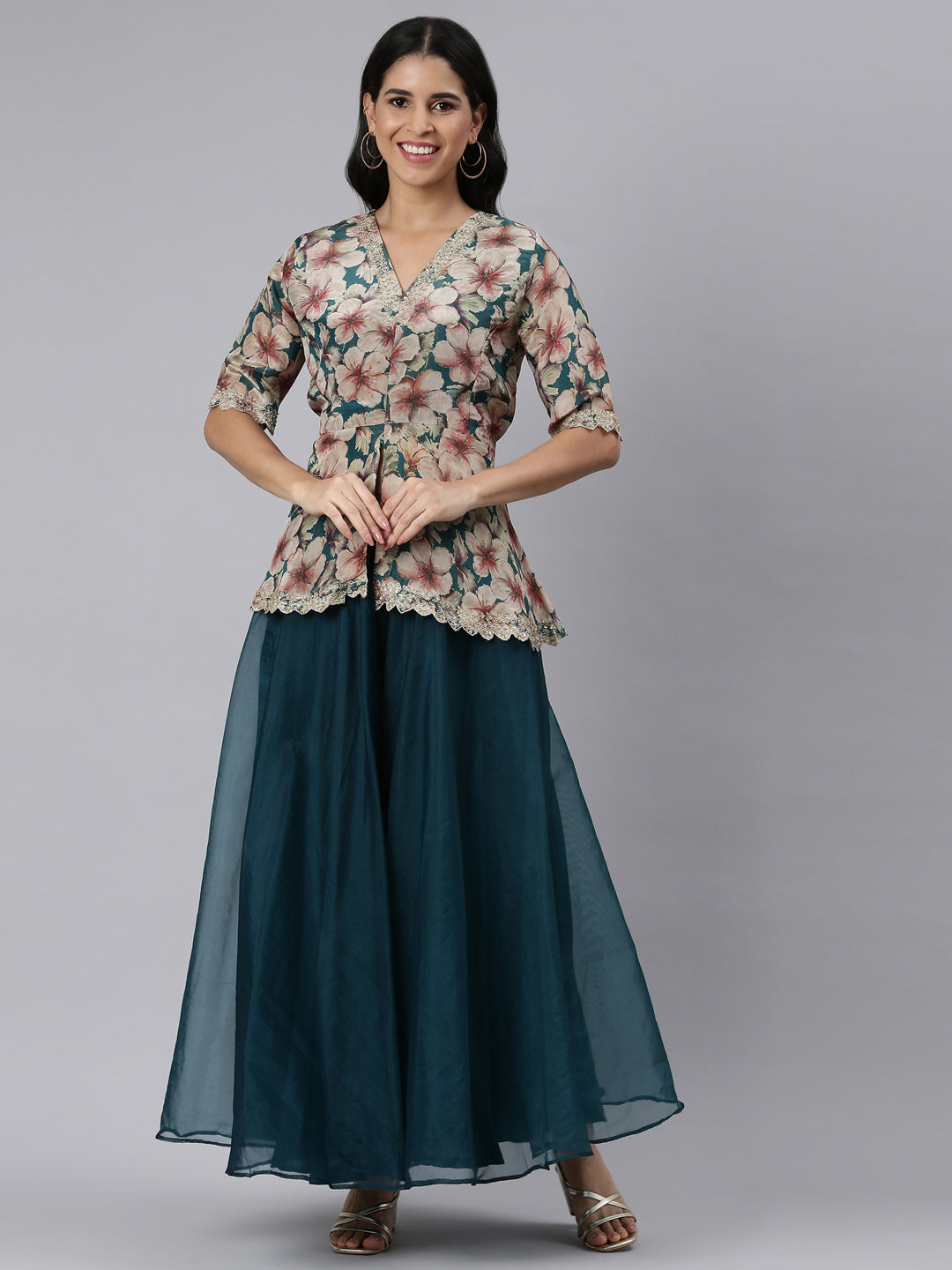 Neerus Blue organza printed asymmetric co-ord set - front view