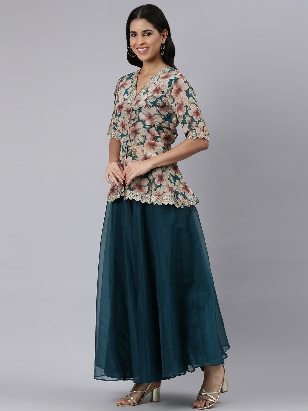 Neerus Blue organza printed asymmetric co-ord set - back view