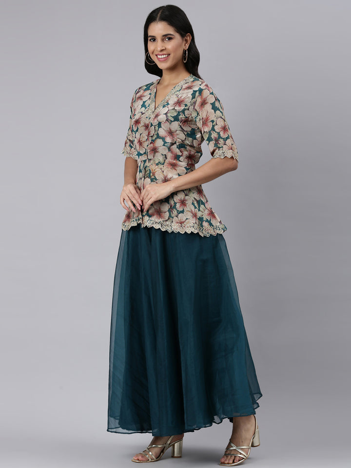 Neerus Blue organza printed asymmetric co-ord set - back view
