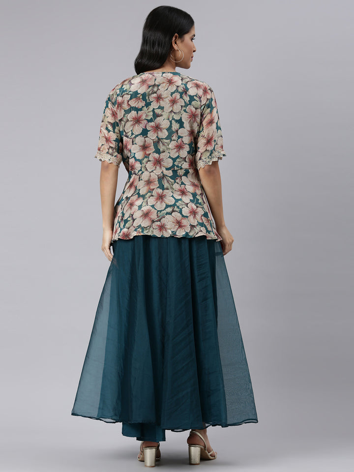 Neerus Blue organza printed asymmetric co-ord set - side view