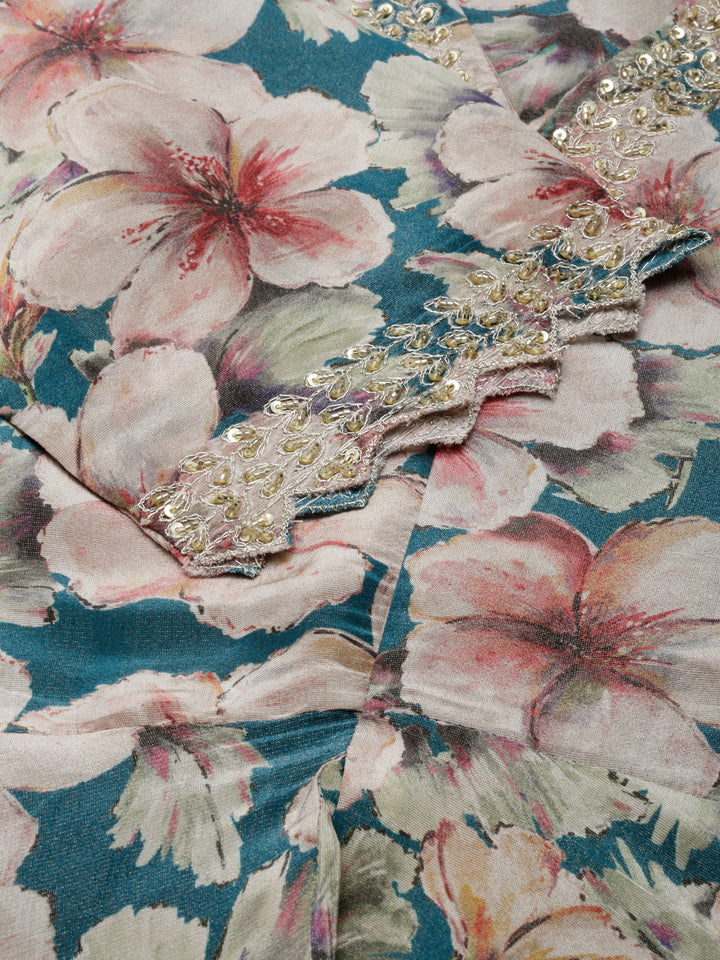 Neerus Blue organza printed asymmetric co-ord set - detail view 1