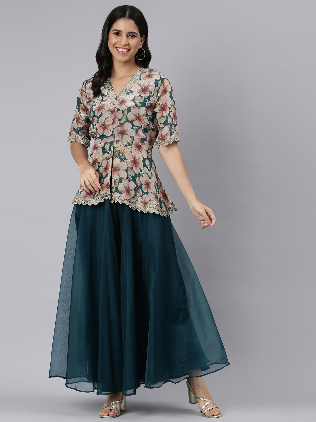Neerus Blue organza printed asymmetric co-ord set - detail view 2