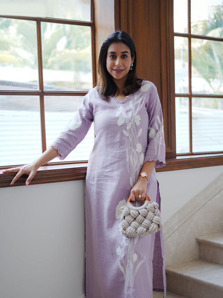 Neerus Lilac Casual Embroidered Kurta and Trouser